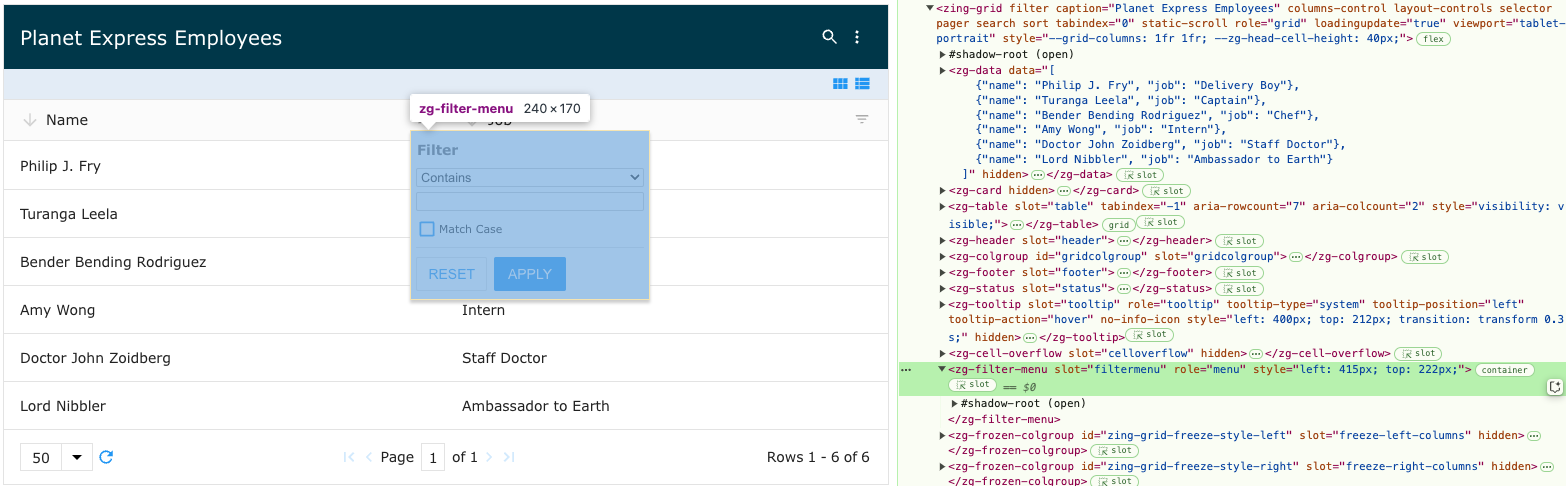 Image of the DOM relationship for the zg-filter-menu web component tag