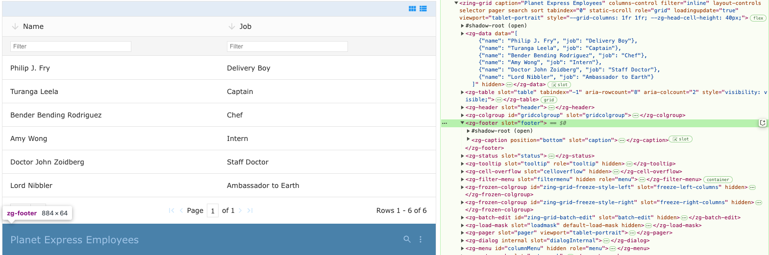 Image of the DOM relationship for the zg-footer web component tag