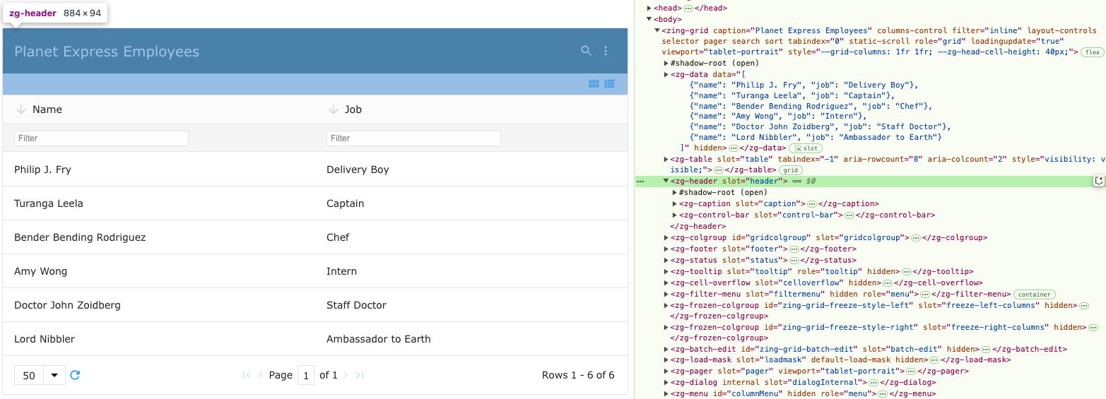 Image of the DOM relationship for the zg-header web component tag