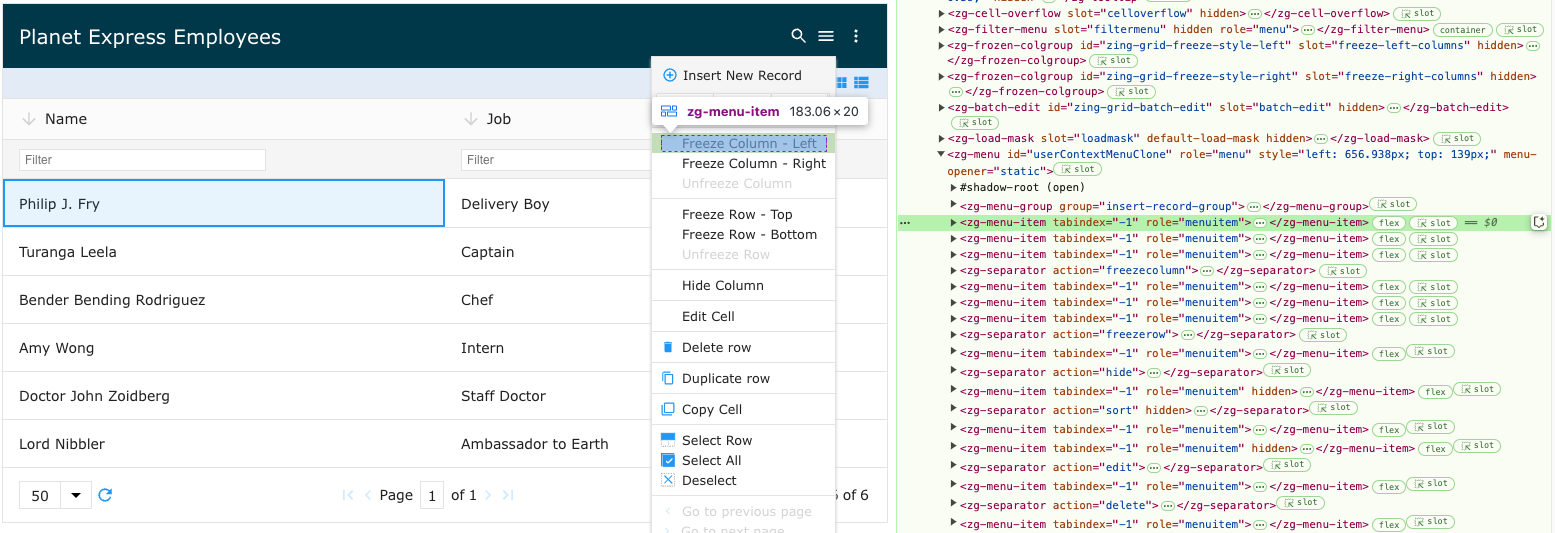 Image of the DOM relationship for the zg-menu-item web component tag