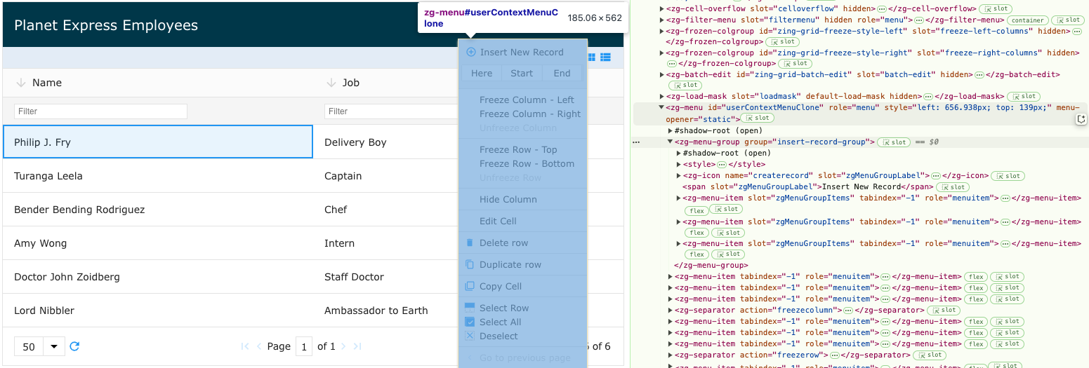 Image of the DOM relationship for the zg-menu web component tag