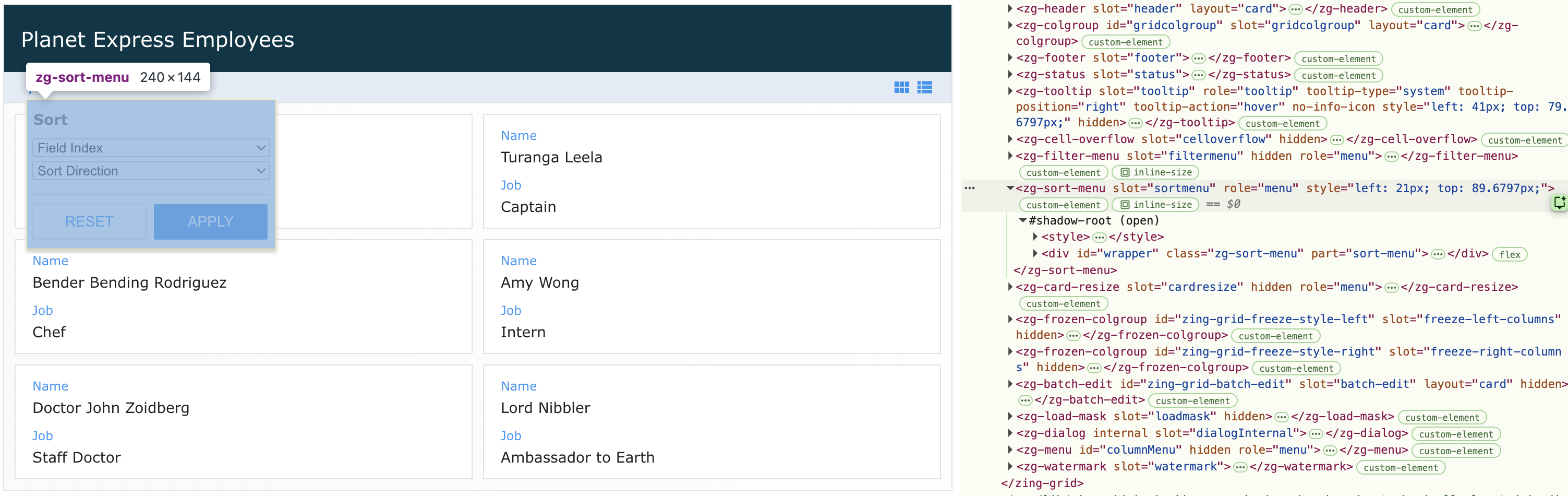 Image of the DOM relationship for the zg-sort-menu web component tag