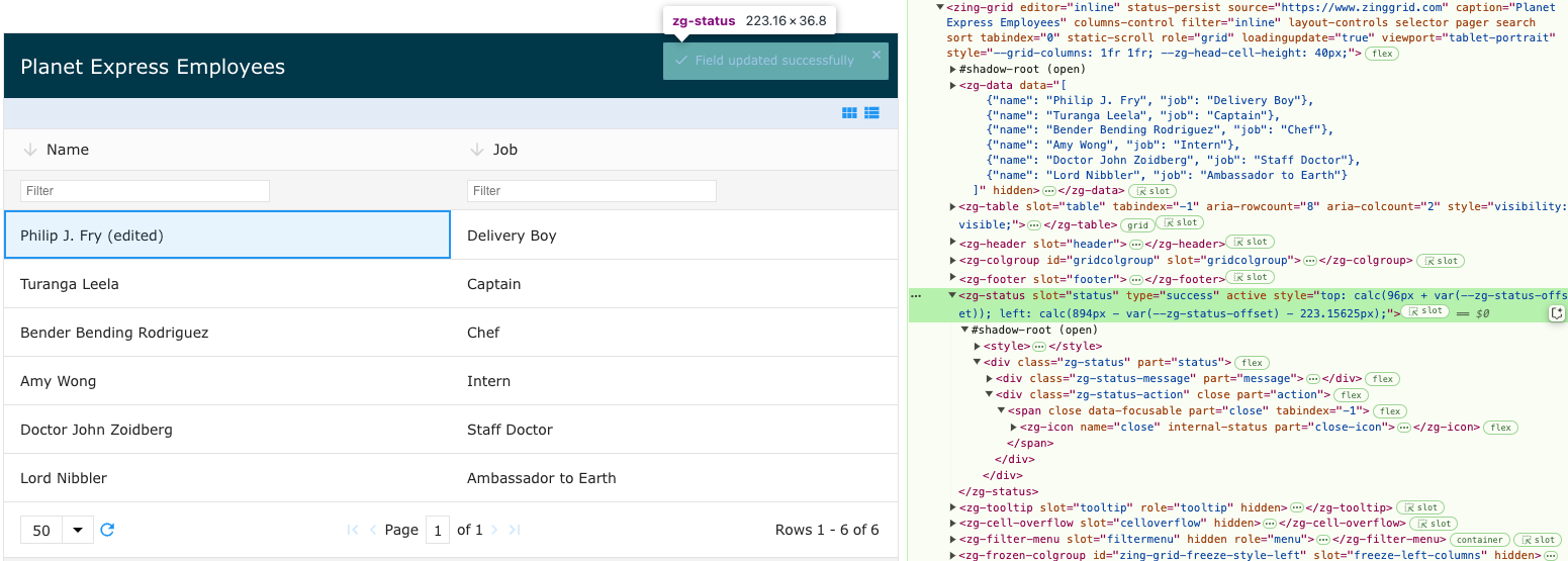 Image of the DOM relationship for the zg-status web component tag