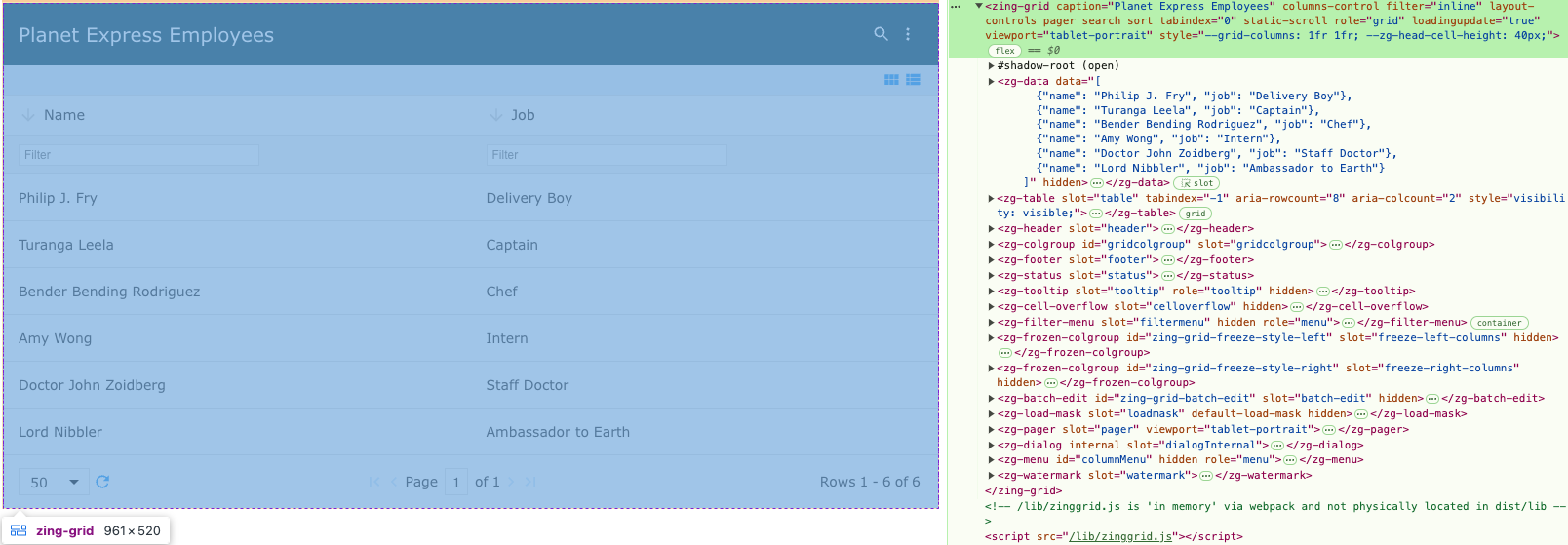 Image of the DOM relationship for the zing-grid web component tag