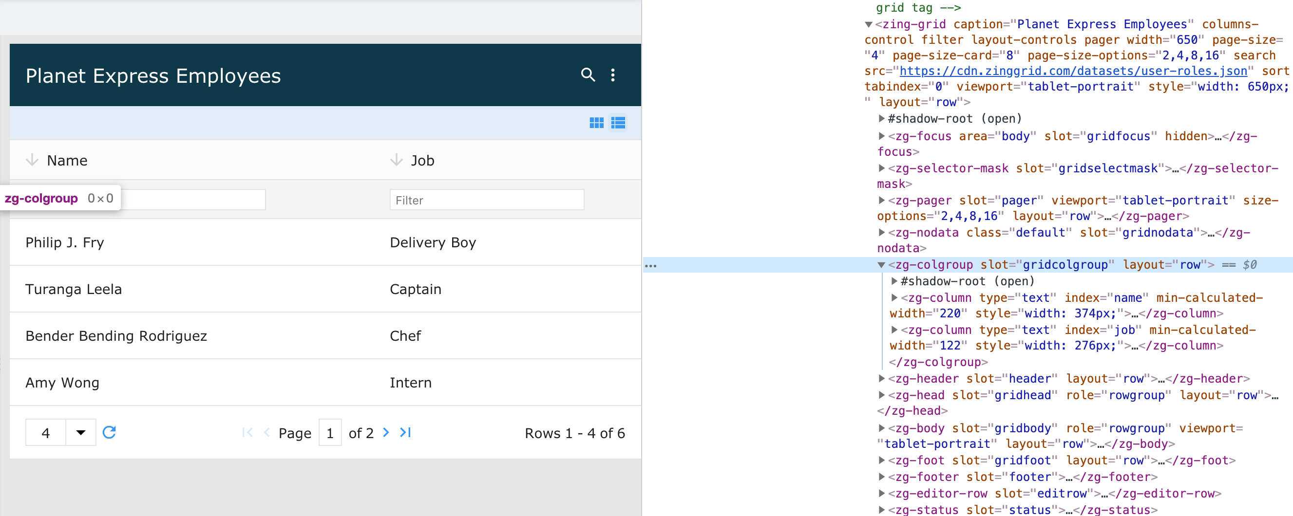 Image of the DOM relationship for the zg-colgroup web component tag