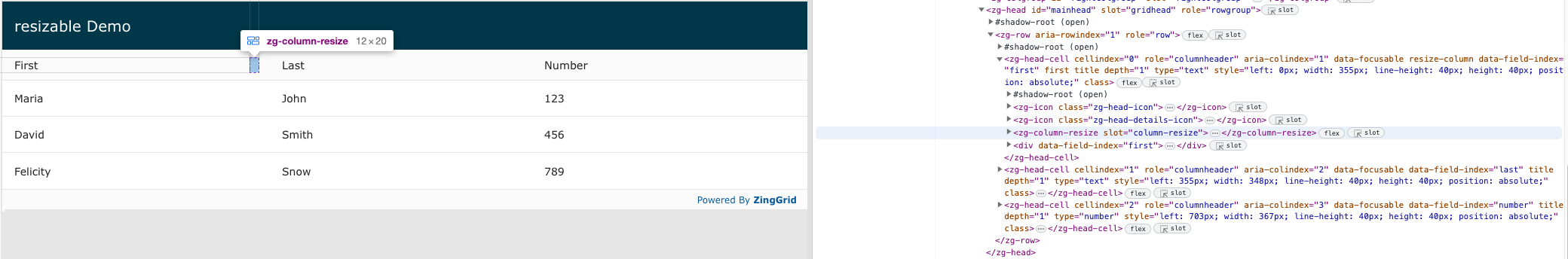 Image of the DOM relationship for the zg-column-resize web component tag