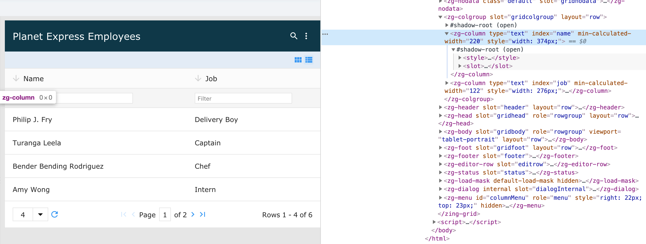 Image of the DOM relationship for the zg-column web component tag