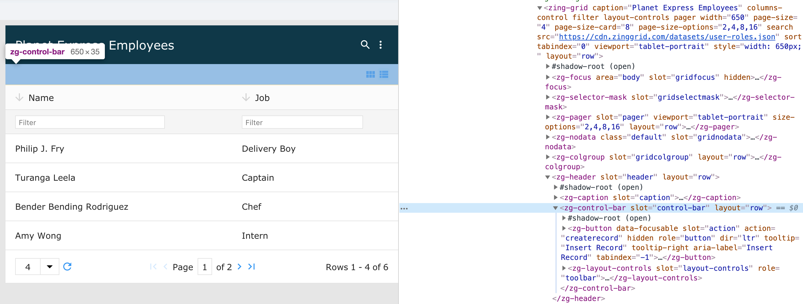 Image of the DOM relationship for the zg-control-bar web component tag