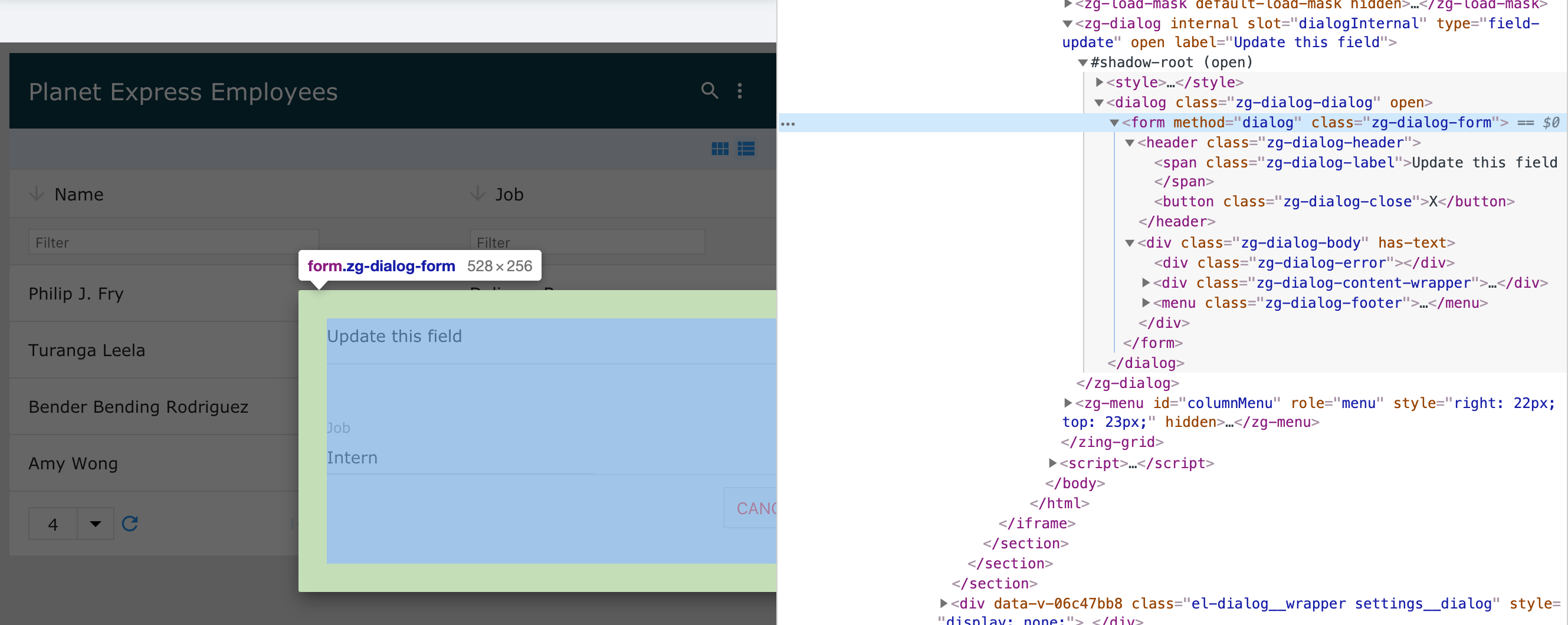 Image of the DOM relationship for the zg-dialog web component tag