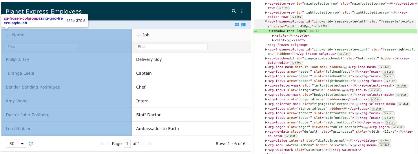 Image of the DOM relationship for the zg-frozen-colgroup web component tag