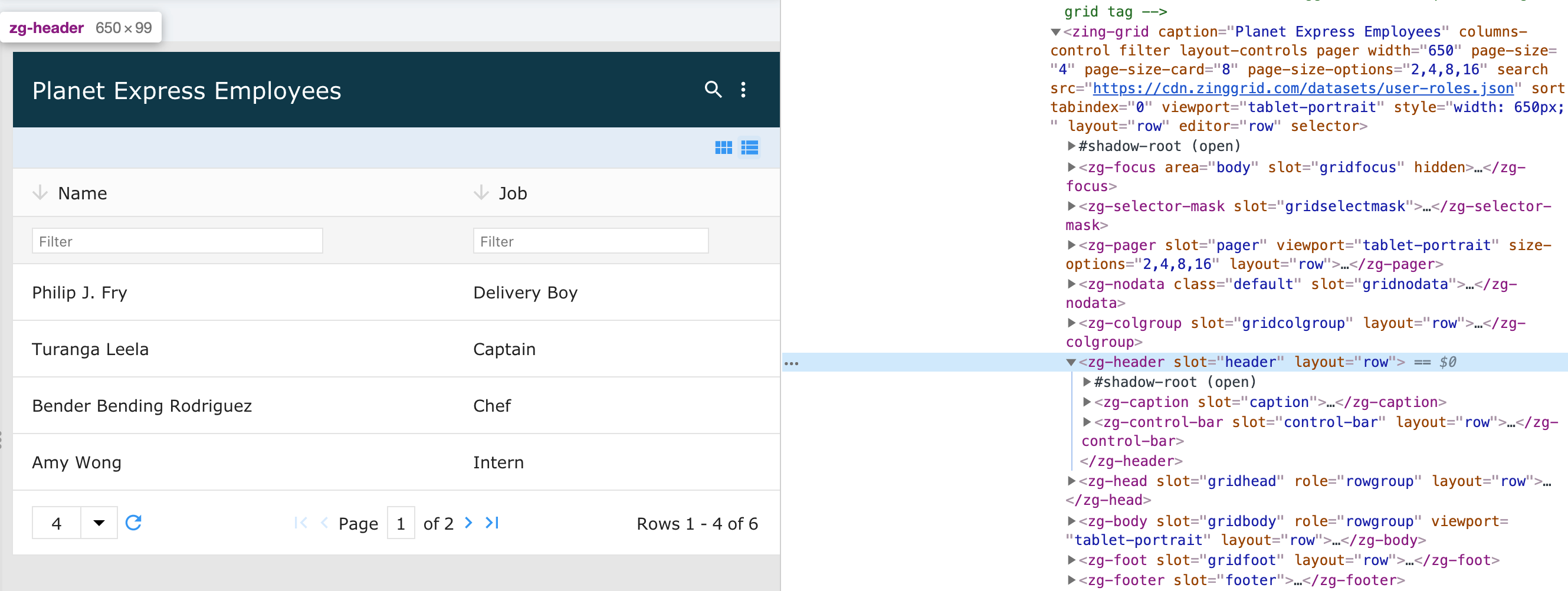 Image of the DOM relationship for the zg-header web component tag