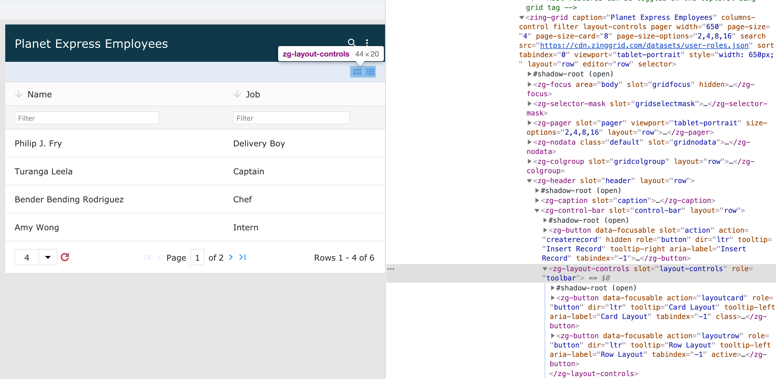 Image of the DOM relationship for the zg-layout-controls web component tag