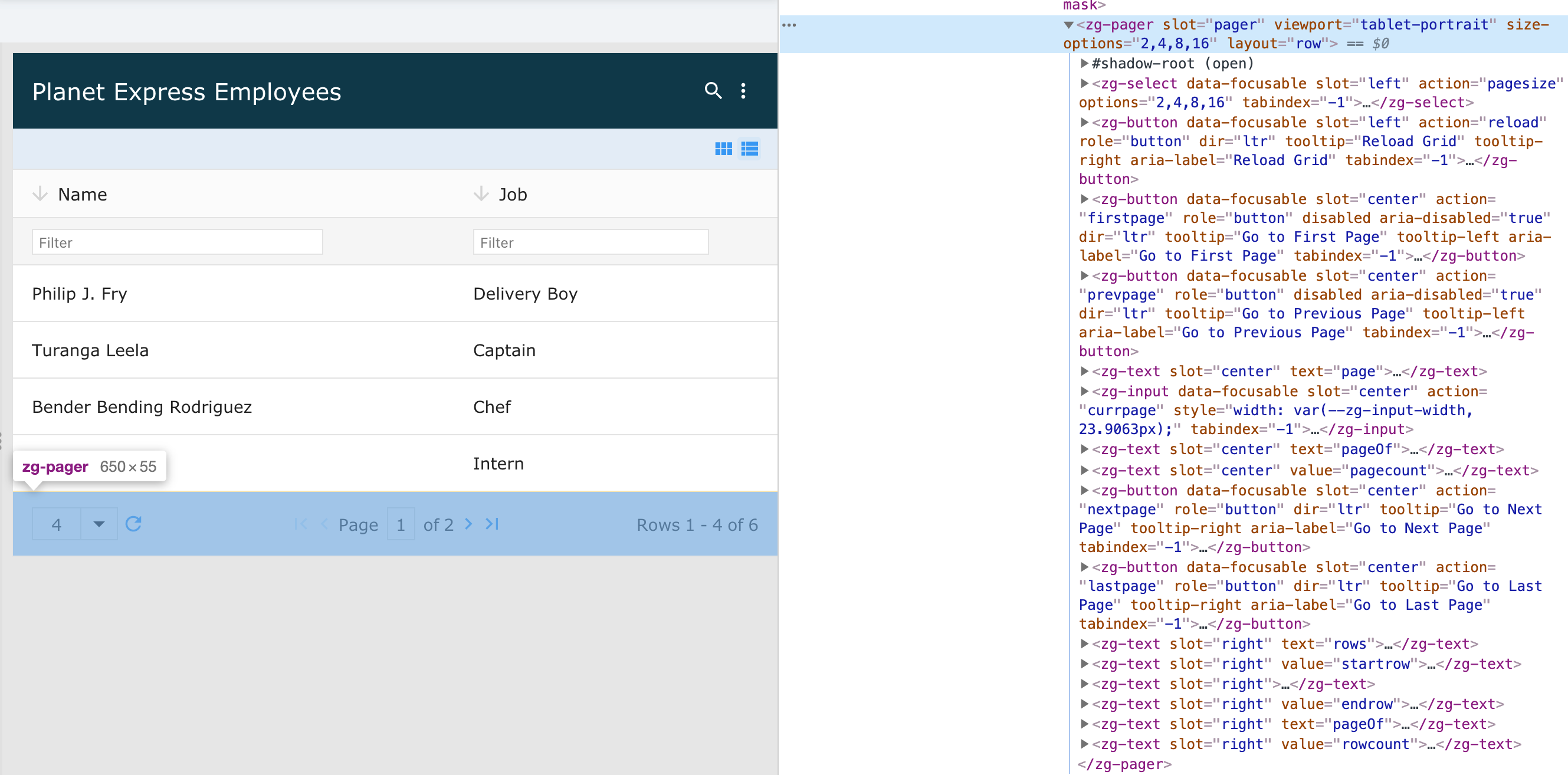 Image of the DOM relationship for the zg-pager web component tag