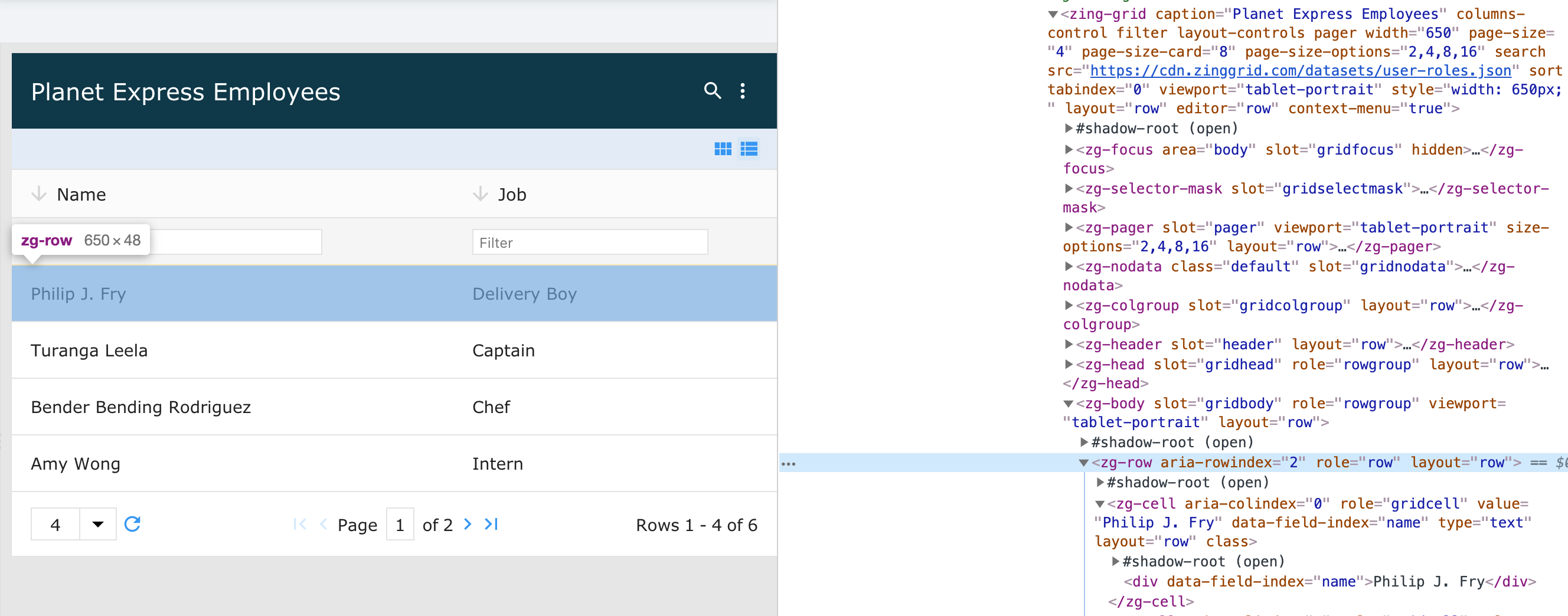 Image of the DOM relationship for the zg-row web component tag