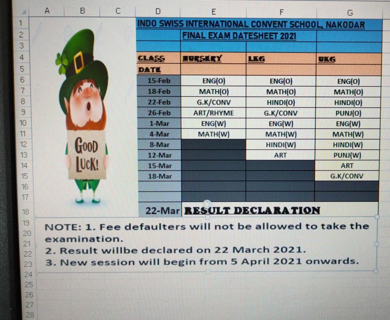 KG Wing Final Term Exams Datesheet