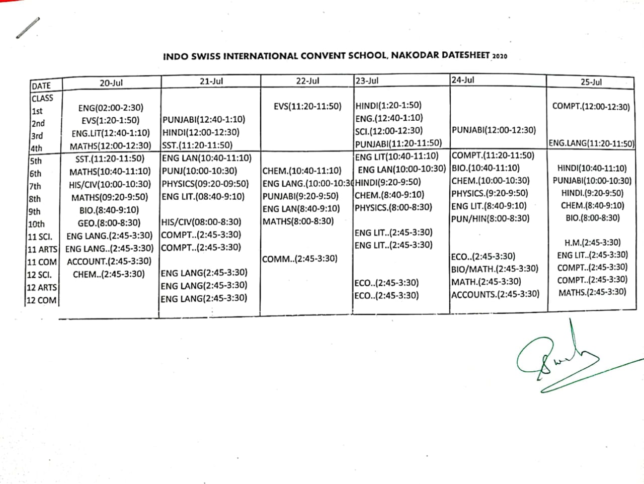 Datesheet with timings subjectwise.(Class I TO XII)