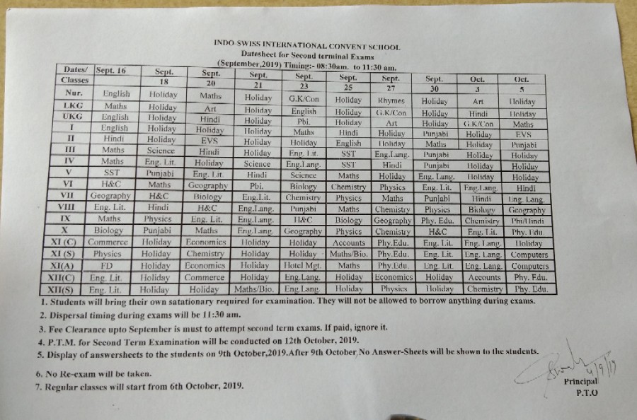 Second Term Exams Date-Sheet 