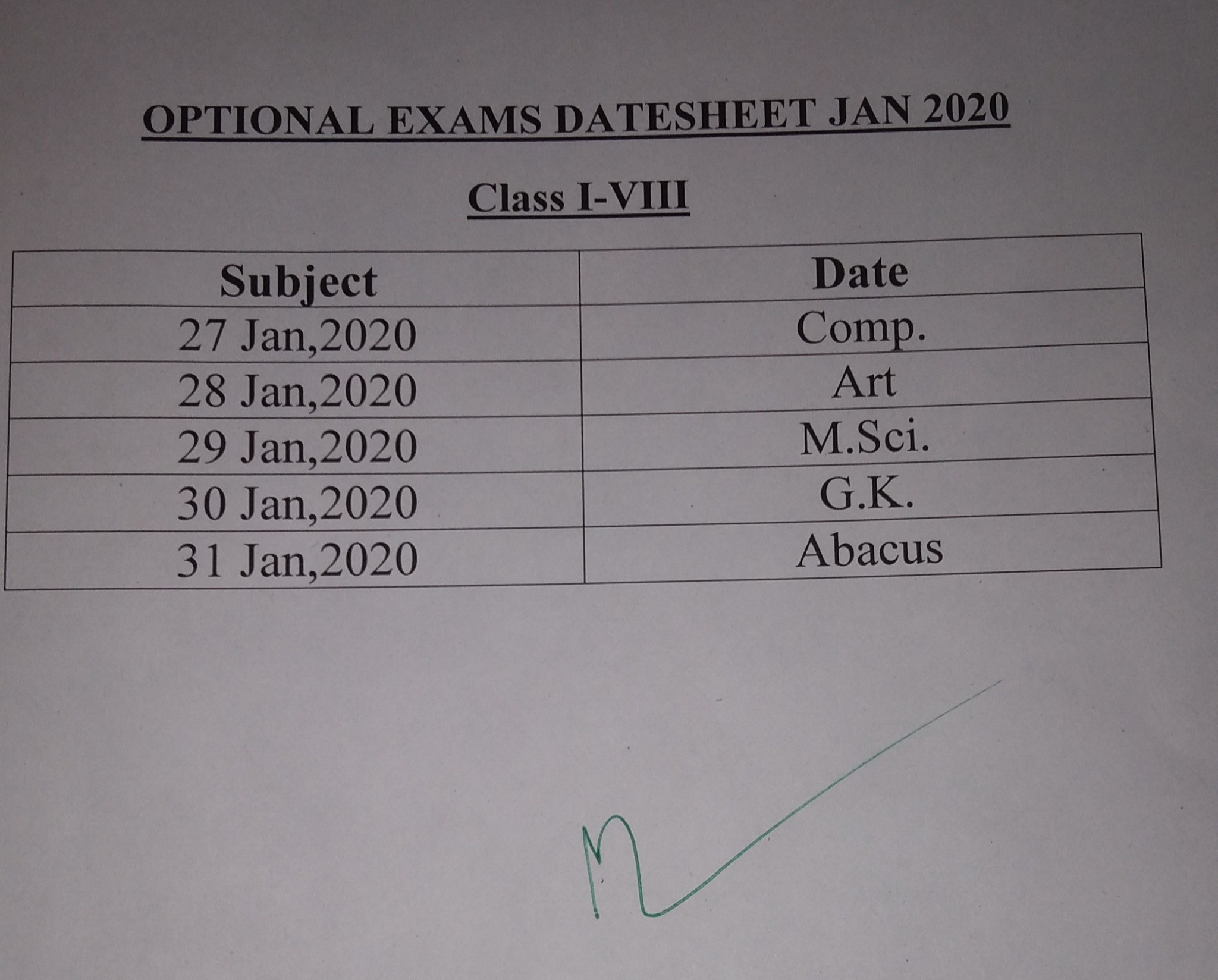 Optional Exams Datesheet