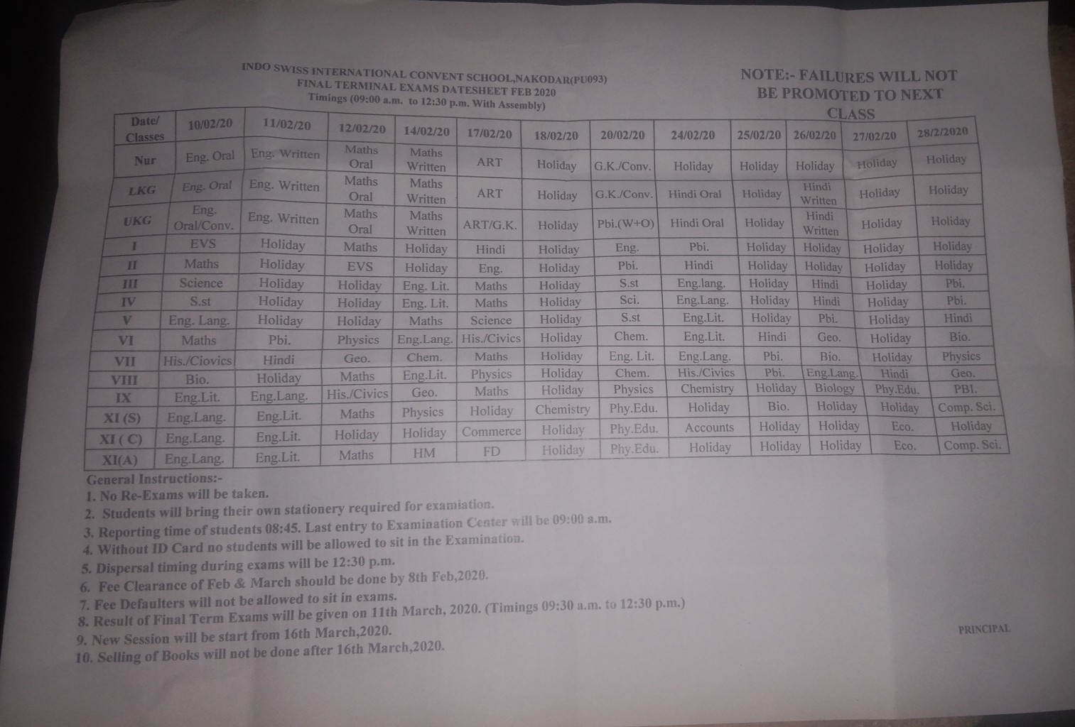 Datesheet Of Final Term Exams