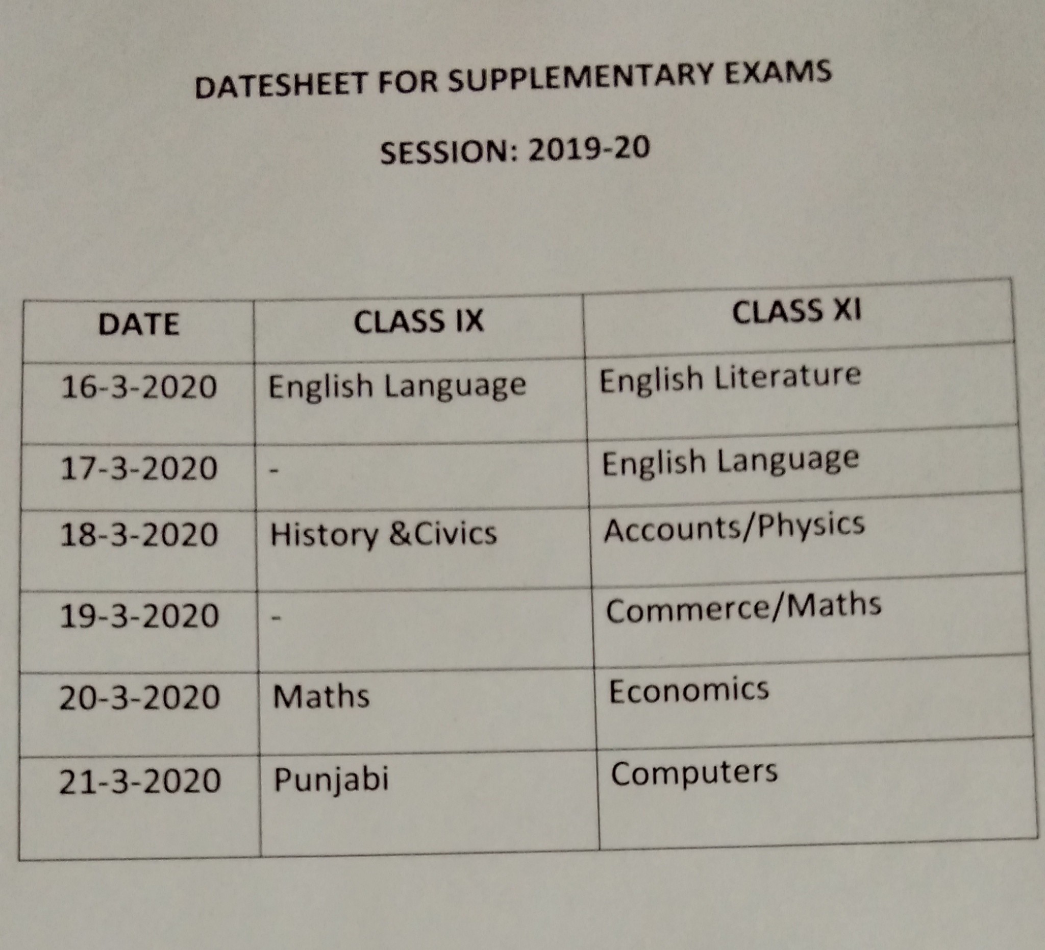 IX and XI Re-test Datesheet