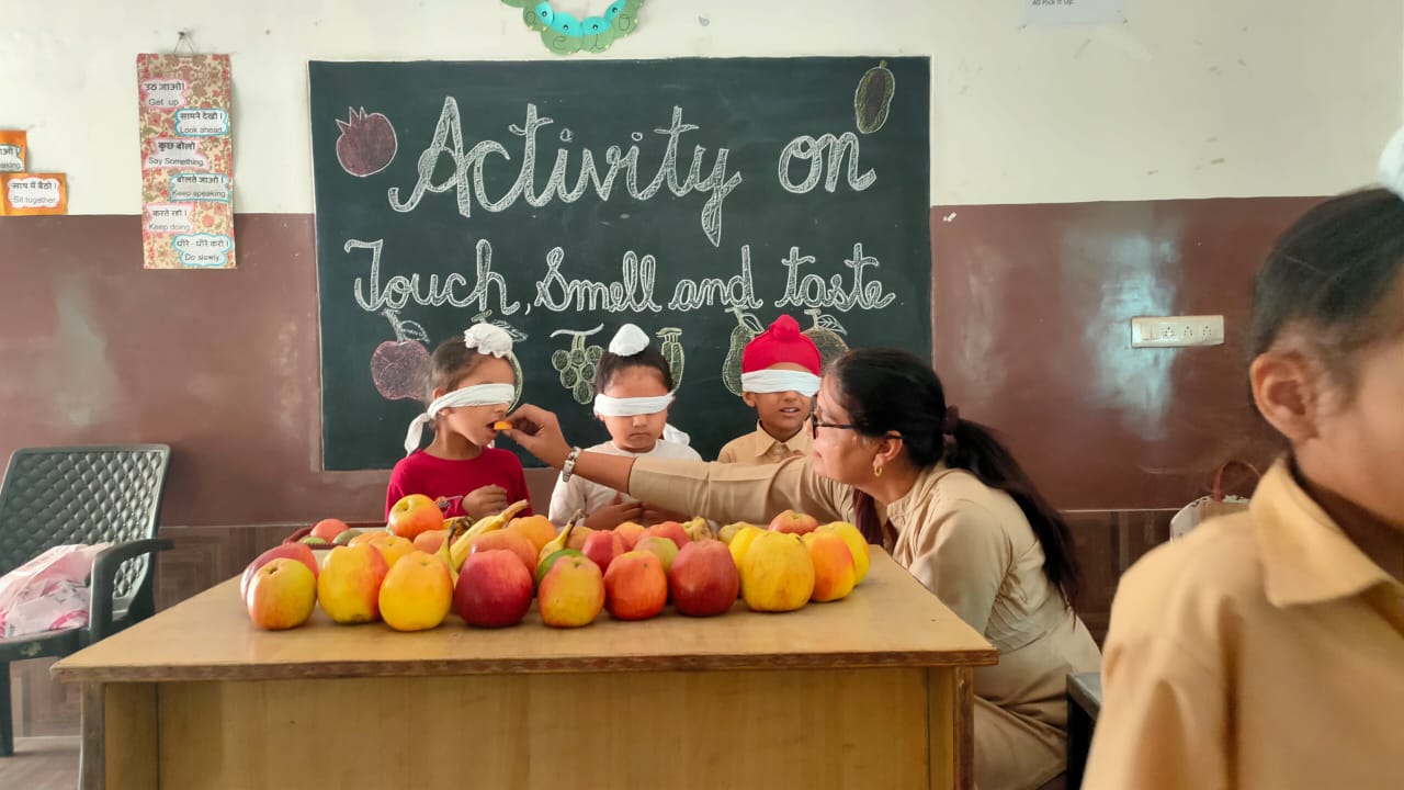 Activity touch, smell and tell the name of the fruit by LKG &U.K.G students