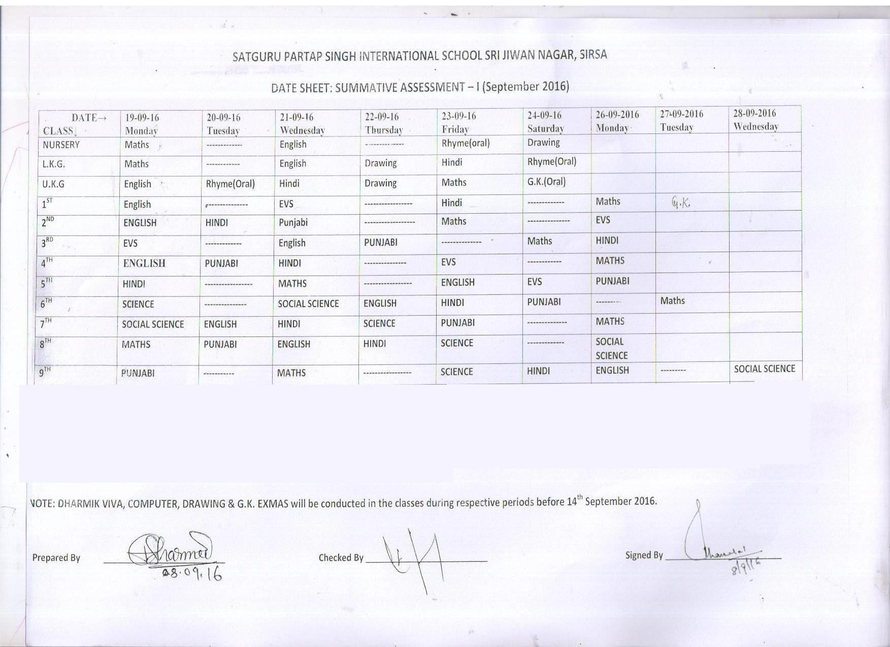Date sheet of SA-1 Examination ( SEPTEMBER, 2016)