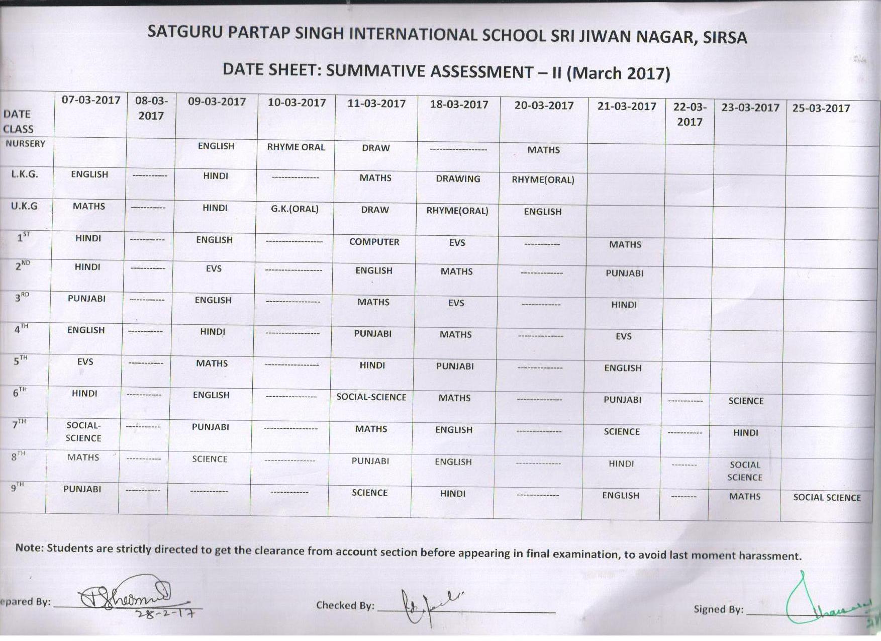 DATE SHEET FOR SA-2 (MARCH 2017)