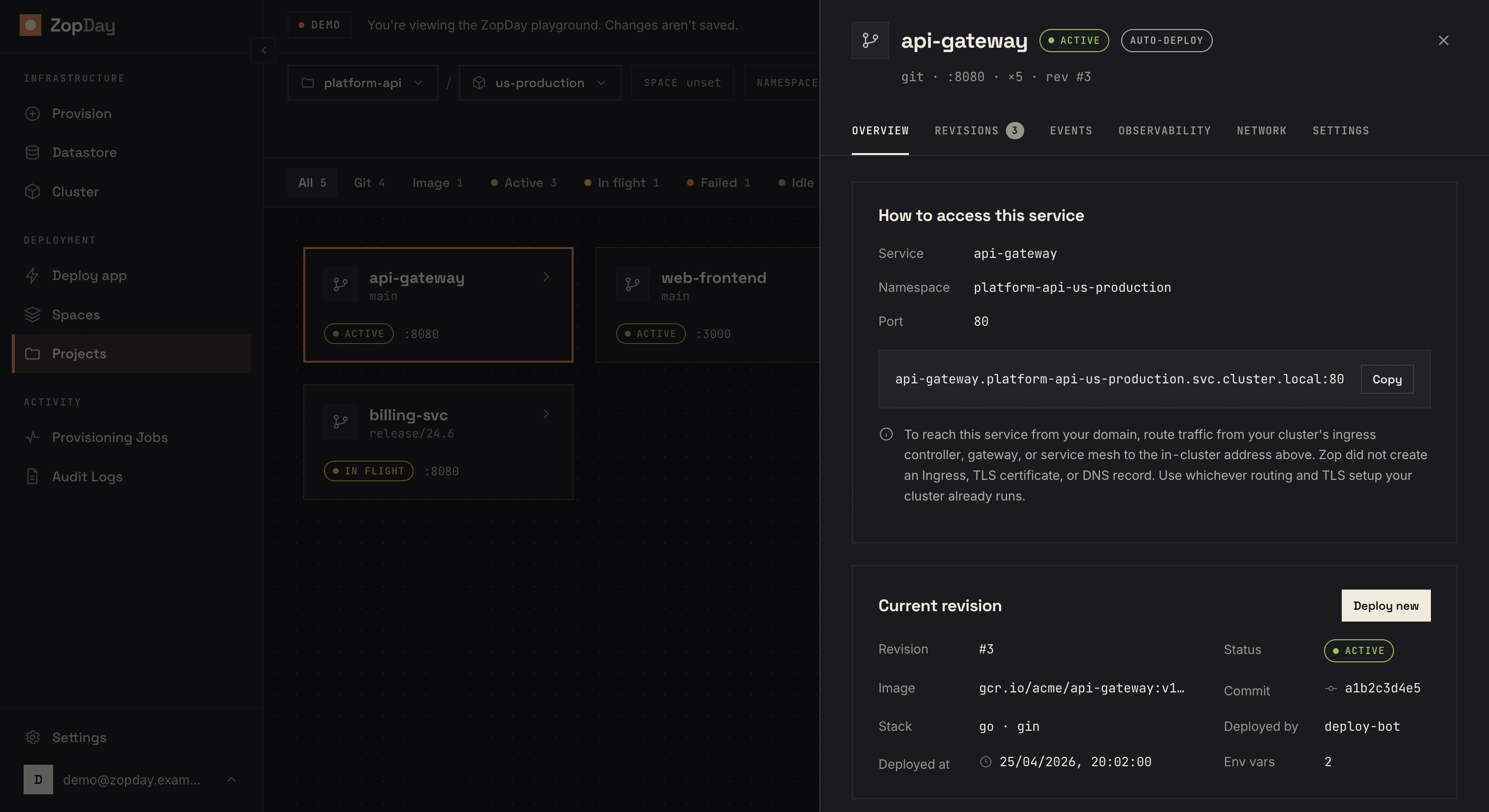 zopday deployment spaces console listing GCP, AWS, and Azure clusters