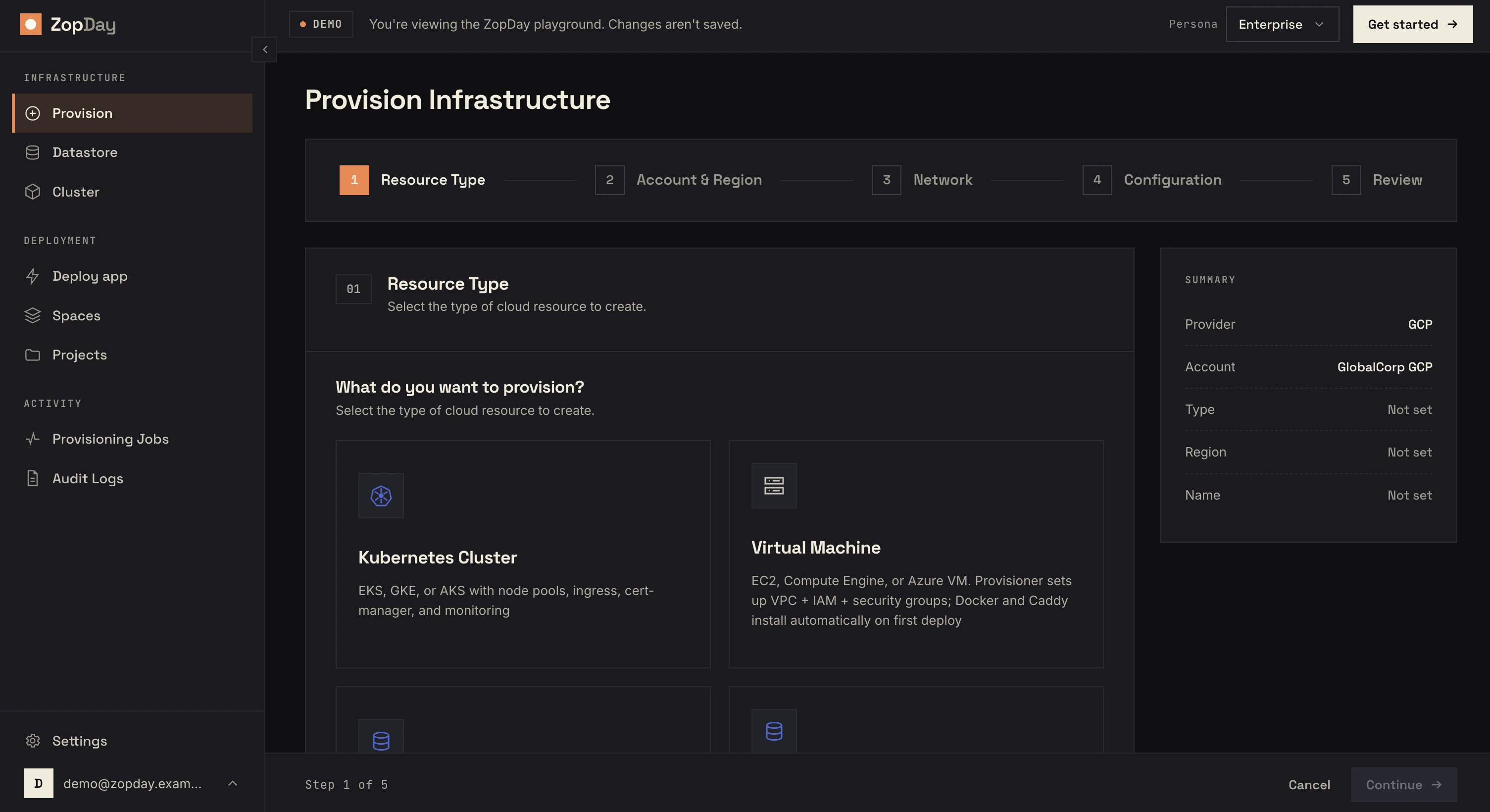 The zopday spaces console showing environments