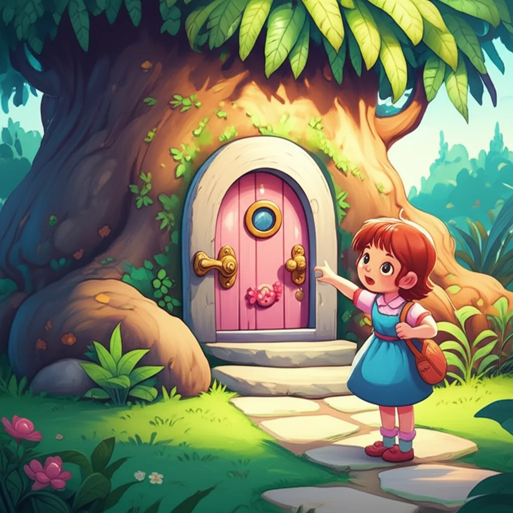 Illustration of ローズちゃんがお庭で遊んでいると、大きなマンゴーの木の下にキラキラ光る小さなドアを見つけたんだ！ドアには可愛いキャンディの絵が描いてある。「わあ、なんだろう？」...