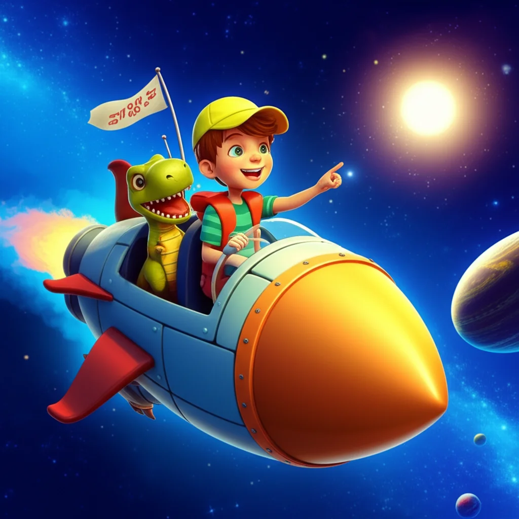 Illustration of Alex, the bravest dinosaur explorer in Indiana, had a super-duper rocket ship! H...