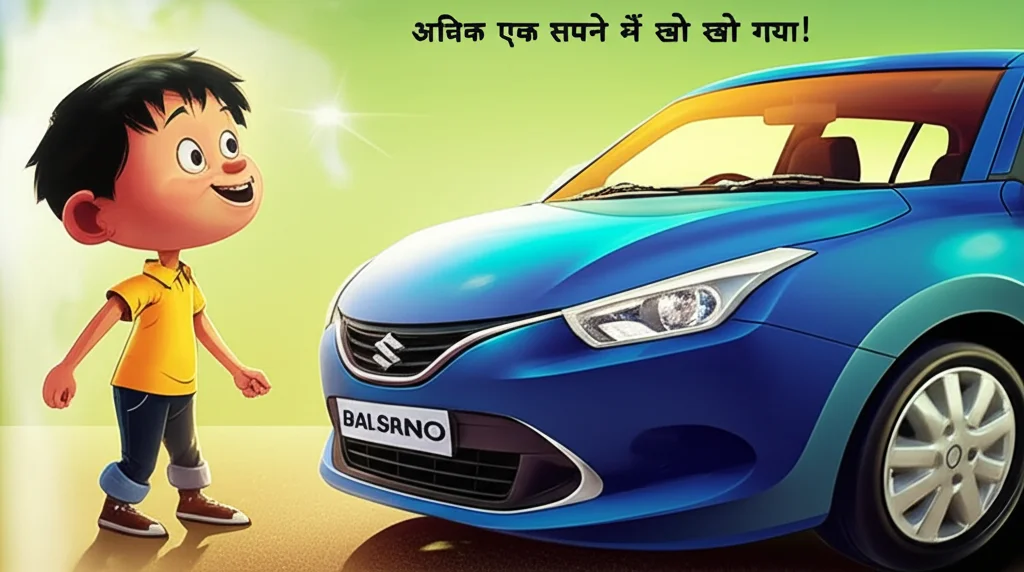 Illustration of अद्विक एक सपने में खो गया! उसने देखा कि उसकी प्यारी Baleno कार, जो बिलकुल नई और ...