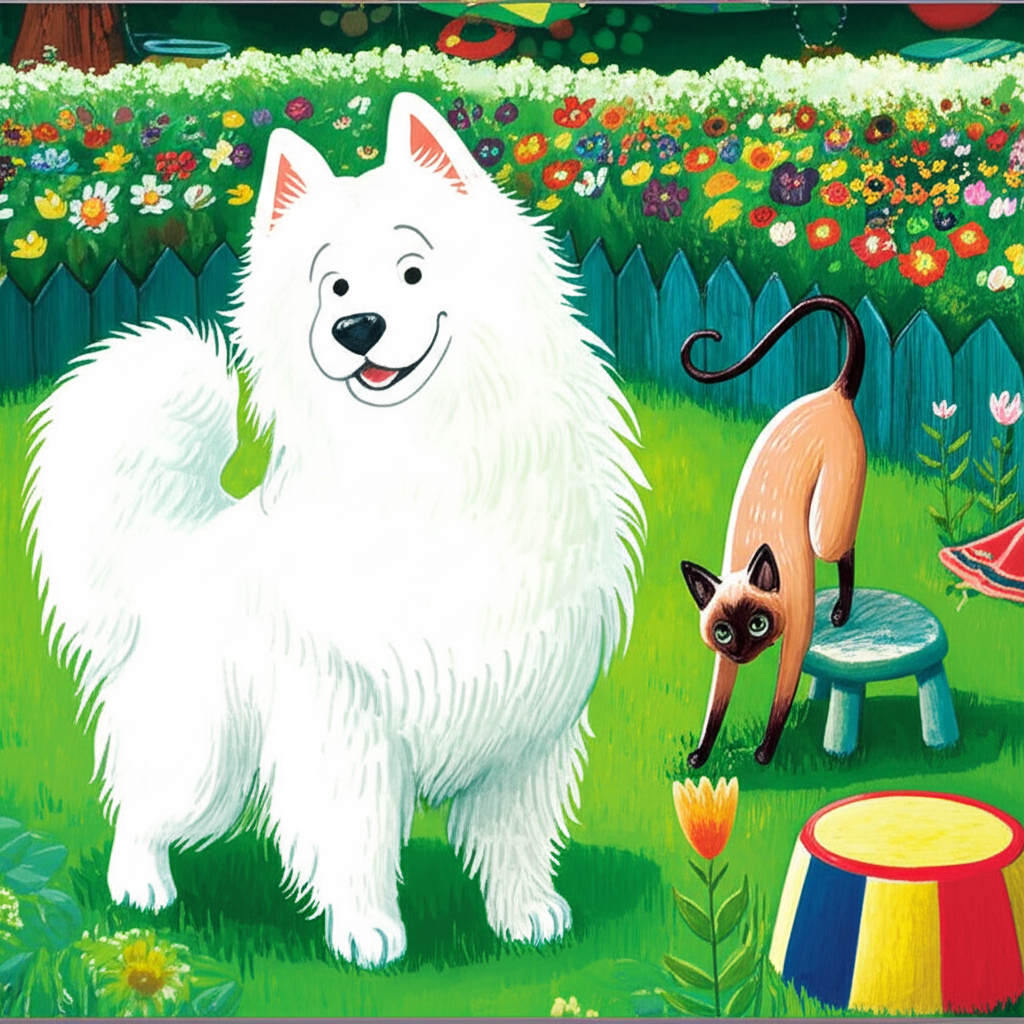 Illustration of Barnaby, a fluffy Samoyed with a surprisingly eloquent vocabulary, and Clementin...