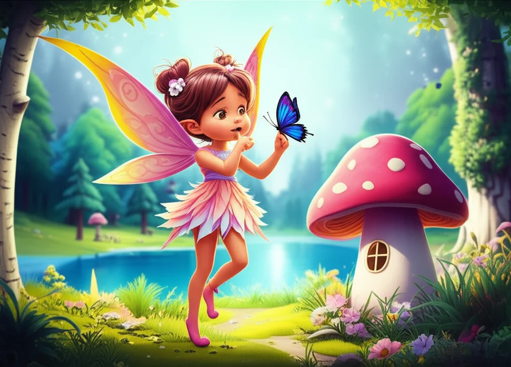 Illustration of Once upon a time, in a sparkly forest near a big, blue lake, lived a little fair...