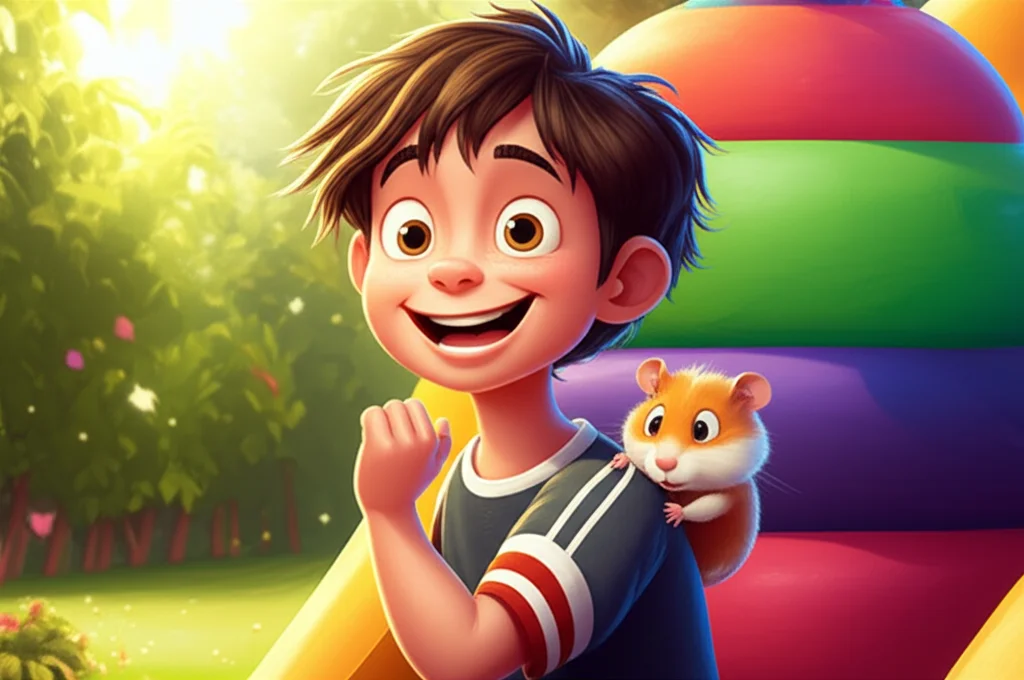 Illustration of O David, um rapazinho cheio de energia, tinha um hamster muito especial chamado ...