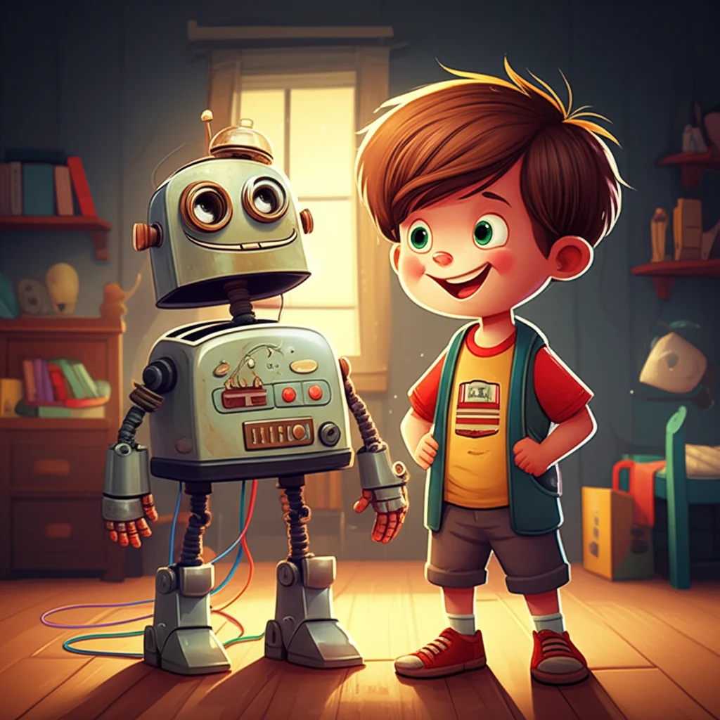 Illustration of Ciao, sono Alex e ho un segreto. Ho costruito un robot nella mia stanza! Il suo ...