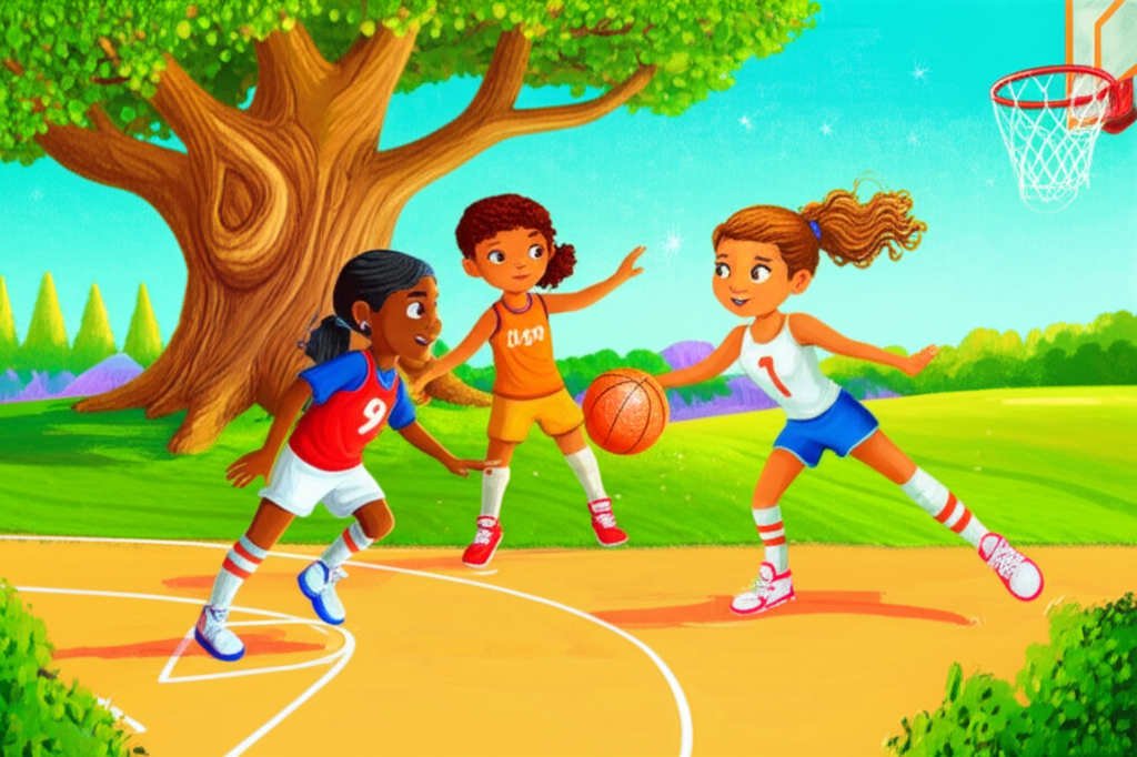 Illustration of Cristina loved playing basketball with her friends, Lily and Tom. One sunny afte...