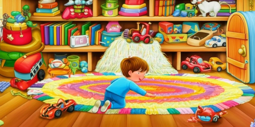 Illustration of Once upon a time, in a room filled with toys, lived a little boy named Alex. One...
