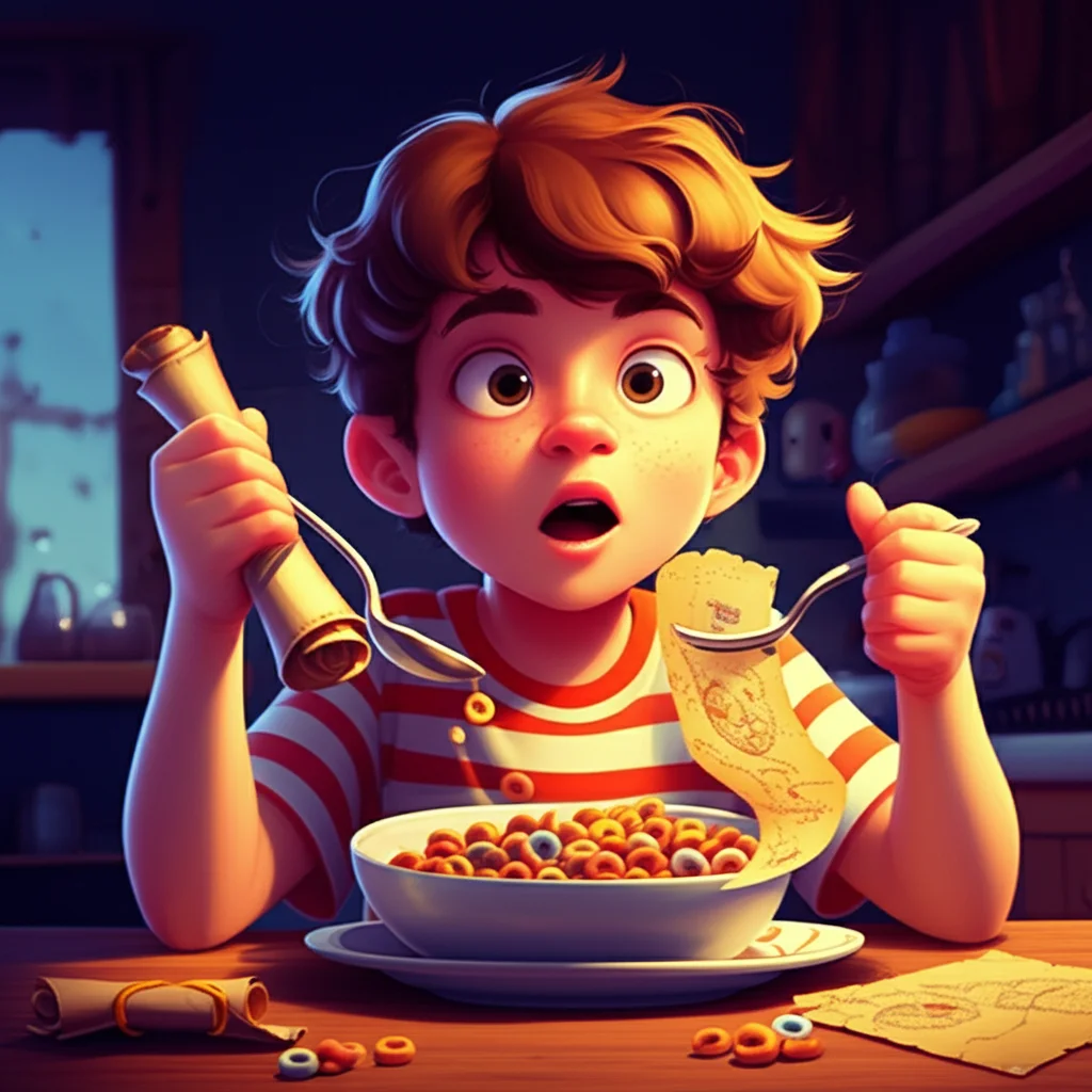 Illustration of David was eating his favorite Crunchy Captain cereal when, *plink*, out popped a...