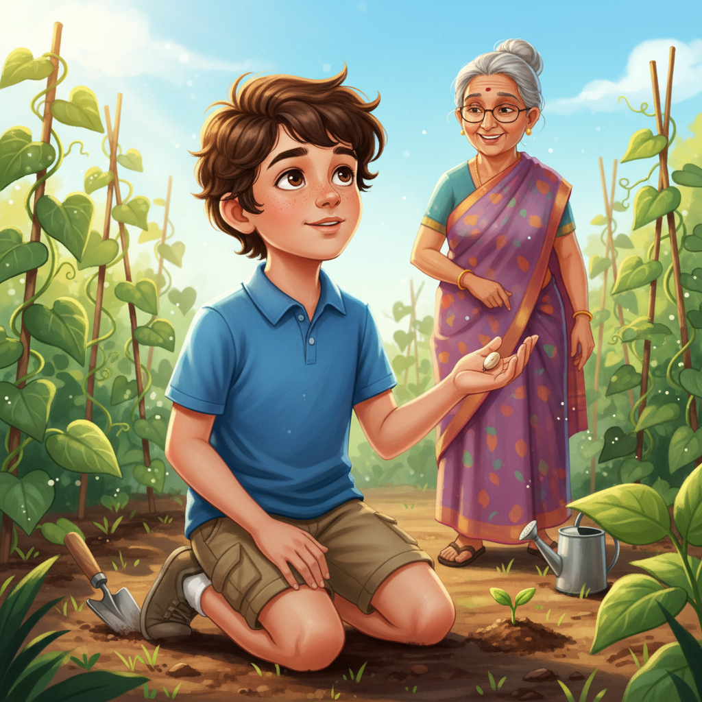 Illustration of Ten-year-old Nikhil knelt in his sunny garden, a tiny bean seed resting in his p...