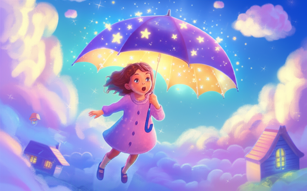 Illustration of Once there was a girl named Lila who found a strange umbrella in her grandma’s a...