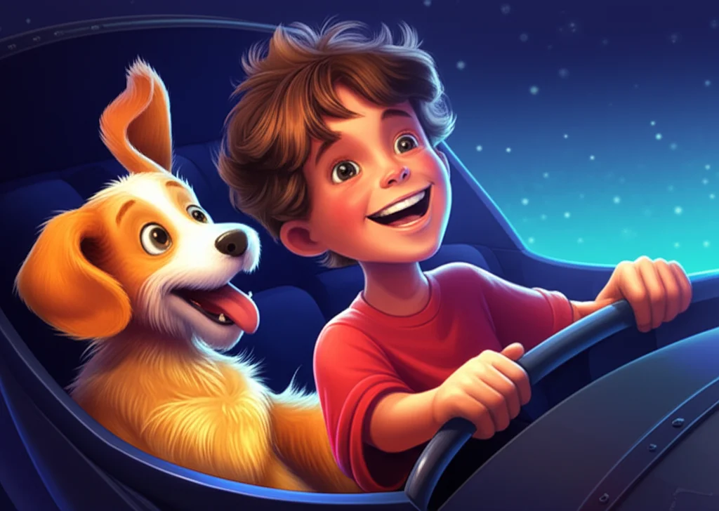 Illustration of David, with his furry best friend Comet the dog, was zooming through space in th...