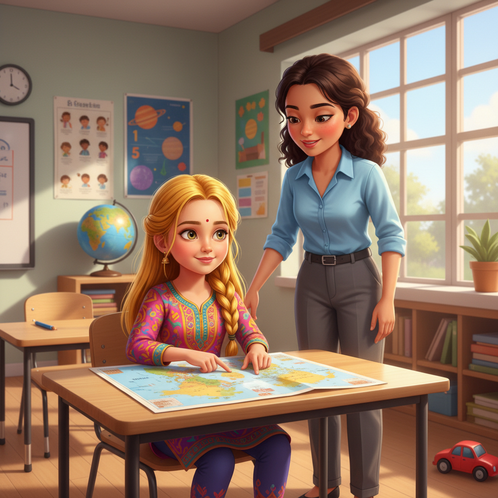 Illustration of Sangeeta sat in her colorful classroom, a world map spread out on her desk. Her ...