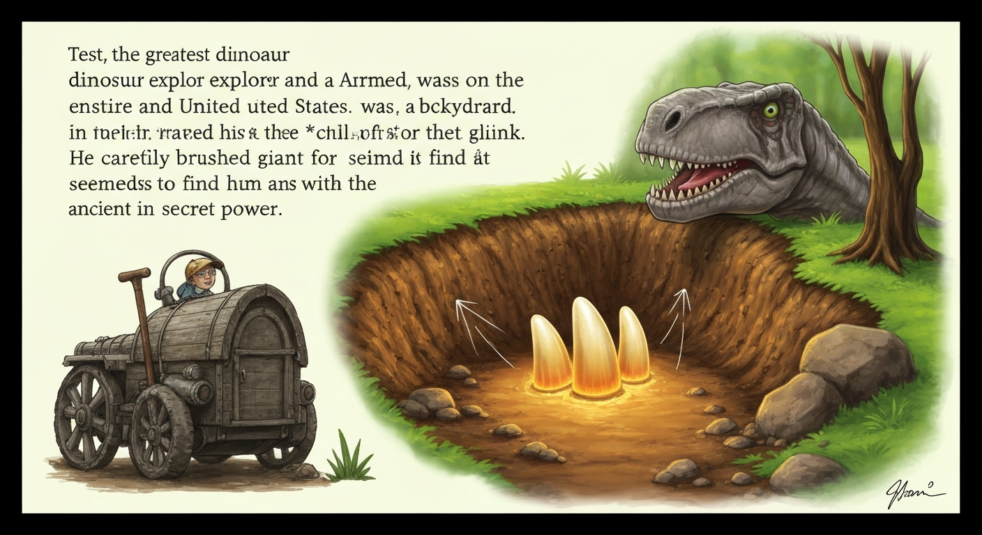 Illustration of Test, the greatest dinosaur explorer in the entire United States, was on a missi...
