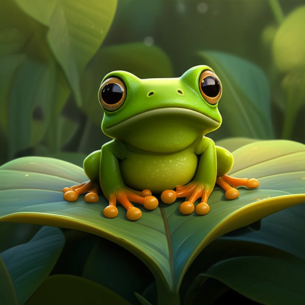 Illustration of One day I saw a tiny frog in my garden. He was green and had a shiny belly. I na...