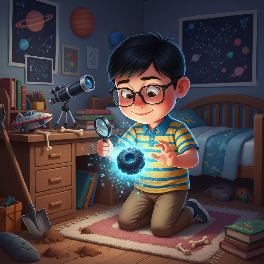 Illustration of Richard, a future space explorer, was digging for dinosaur bones in his backyard...