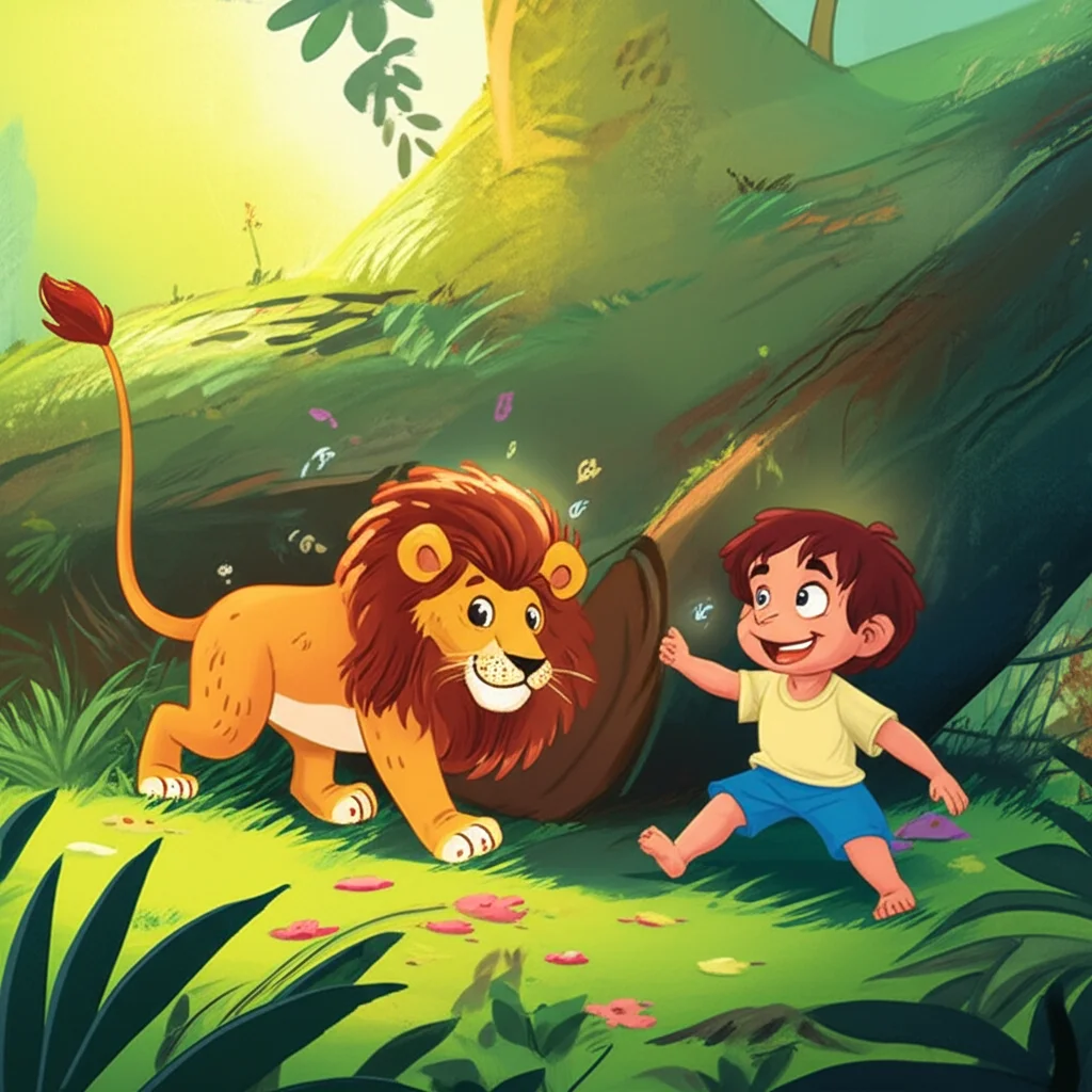 Illustration of एक दिन जब शेर का बच्चा जंगल में था, तो गलती से एक बड़ा पेड़ उसके ऊपर गिर गया। वह प...