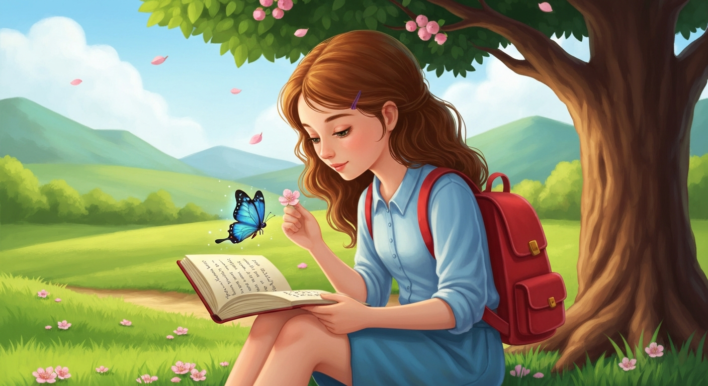 Illustration of Once upon a time, in a quiet village wrapped in green hills and sweet air, there...