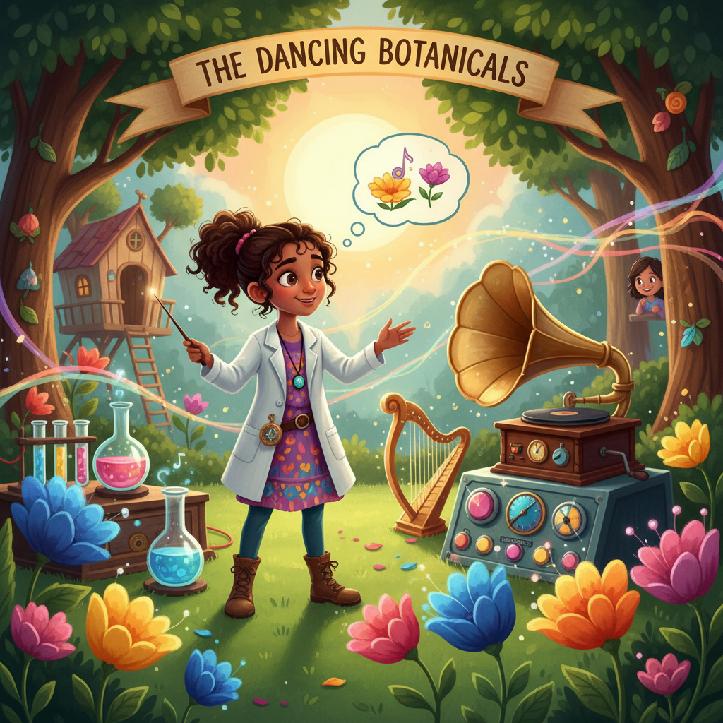 Illustration of Tanishka, a scientist with an adventurer's heart, stood in her backyard laborato...