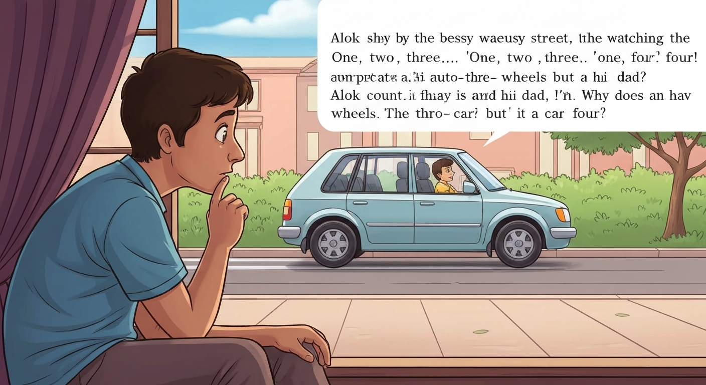Illustration of Alok sat by the window, watching the busy street. A zippy little auto-rickshaw w...